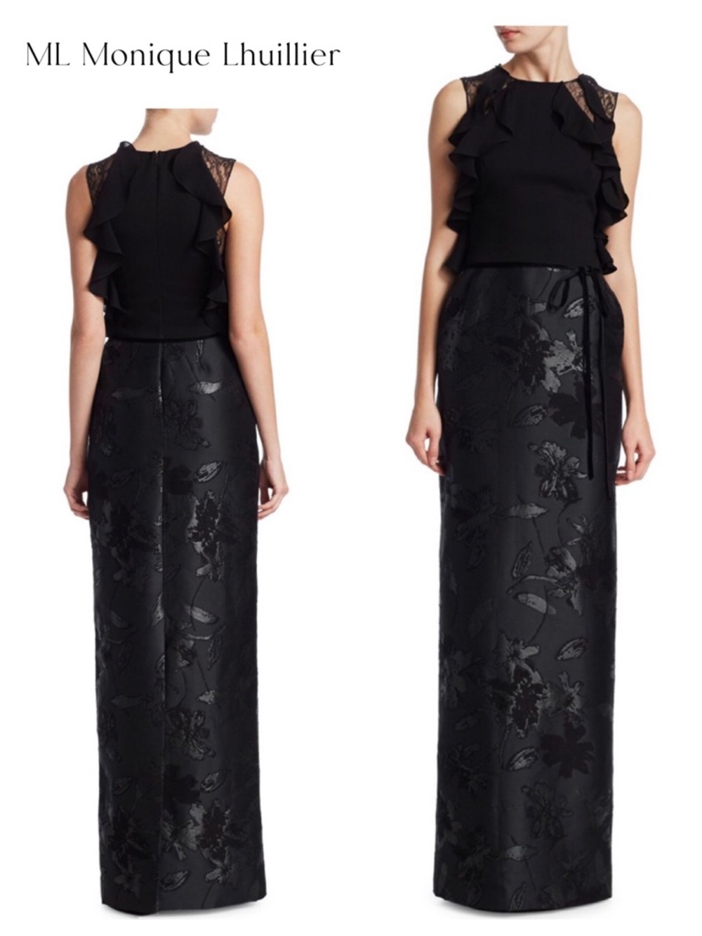 ML Monique Lhuillier Ruffled Jacquard Column Gown
